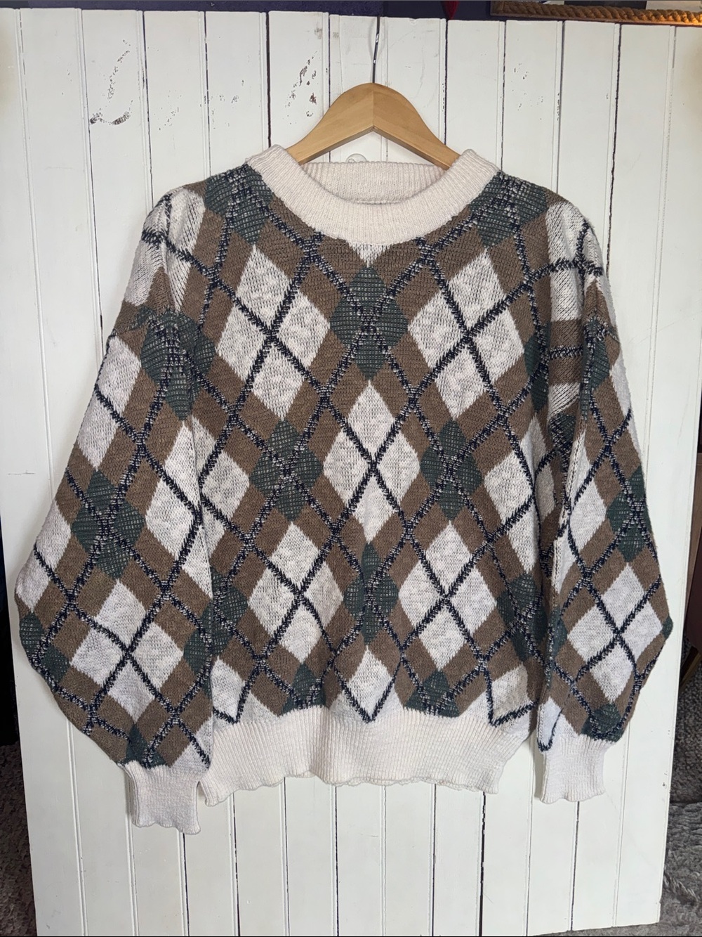 Sears Roebuck Vintage Crewneck Sweater White Tan Green Argyle Size L